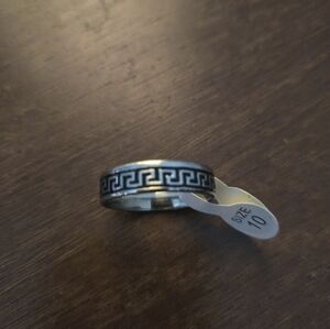 Men's Silver and Black Greek Key Ring